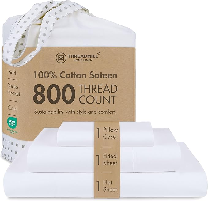 Threadmill Luxury 800 Thread Count Twin 100% Cotton Sheets - Hotel White Sateen Weave Bed-Sheets, Better Than Egyptian Cotton,3 Pc Solid Soft Bedding Set, Fits 15" Deep Pocket