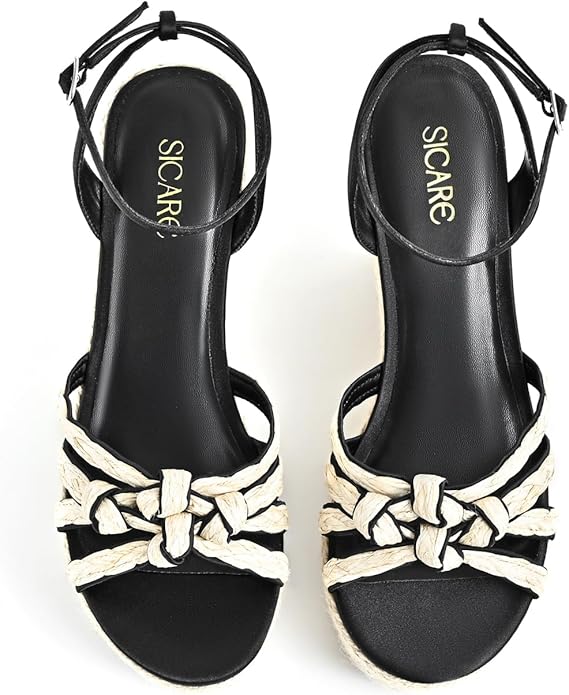 Open Toe Wedge Sandals for Women Espadrilles Platform Braided Strappy Sandals Comfortable Slip on High Heel Summer Wedges Sandals Dressy Shoes with Adjustable Ankle Strap