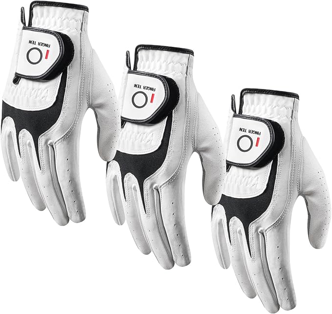 FINGER TEN Premium Cabretta Leather Golf Gloves Men 3 Pack for Right Left Handed Golfer, Comfortable Glove with All Weather Grip for Left Right Hand Size S M ML L XL