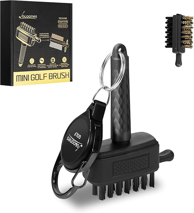 Mini Golf Brush with Nylon/Brass Bristles and Retractable Keychain - Pocket Brush Leave No Trace Clean Dual-Sided Brushes Easy to Carry(Black)