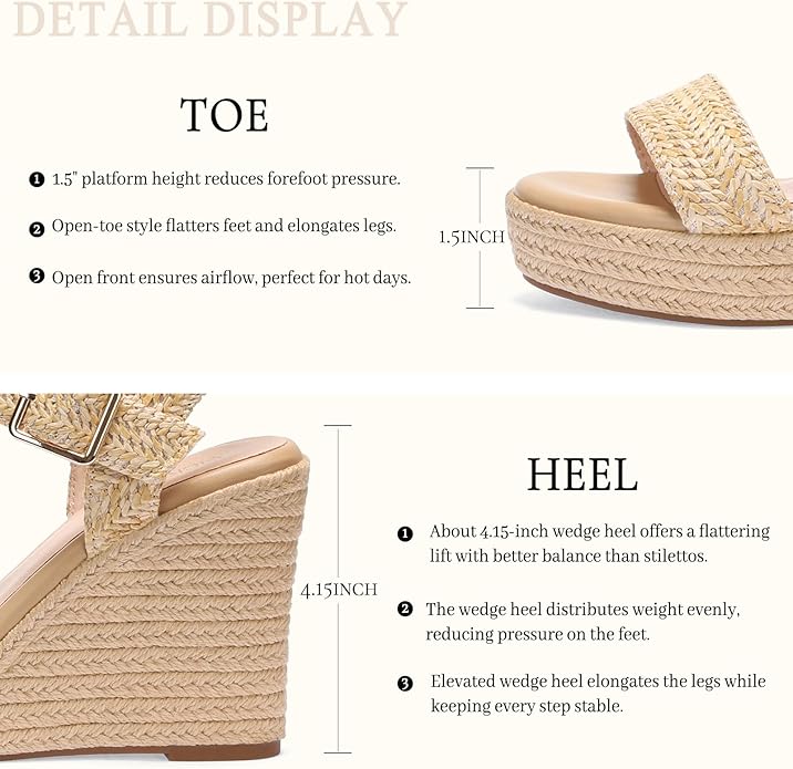 VICKI·VICKI Wedges for Women Platform Sandals Wedge Heels for Sandals Comfortable Summer Espadrille Shoes Ankle Strap&Open Toe