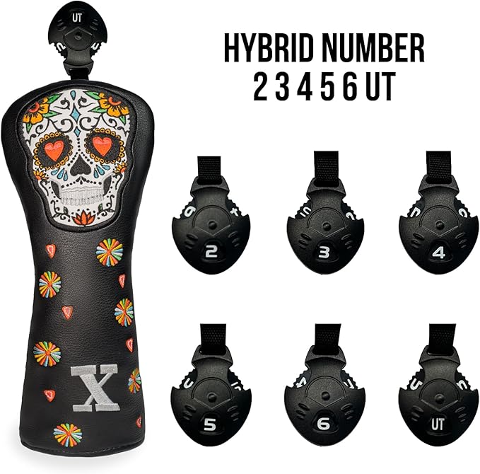 Colorful Skeleton Embroidery Club Covers Driver Headcovers Fairway Wood Cover Hybrid Head Cover Leather 3 Wood Headcover Golf Club Covers for Most Brand.