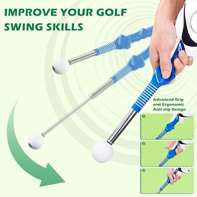 welspo Retractable Golf Swing Trainer Aid with Arm Band, Rhythm Click Sound, Warm-Up and Grip Trainer, Right-Handed Golf Club for Improve Chipping and Hitting Strength
