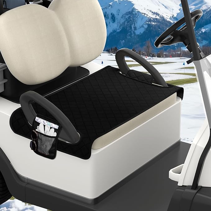 Universal Golf Cart Seat Covers Waterproof Golf Cart Seat Protector with 4 Side Pockets & Anti-Slip Bottom Fits for Most Golf Carts,Fits for EZGO, Club Car, Yamaha and More(Black with side pockets)