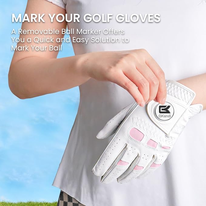 Women Golf Gloves Premium Leather with Magnetic Ball Marker Left Right Hand 1 Pack, Extra Grip for Ladies Comfortable Durable Size Small Medium Large