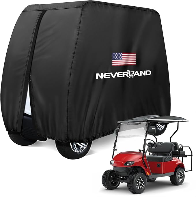NEVERLAND Golf Cart Cover - Waterproof Golf Cart Covers - Fits for Yamaha Golf Carts EZ GO Club Car - Outdoor Windproof Sunproof (Black + Flag, Fit for 2+2/4 Passenger Cart)