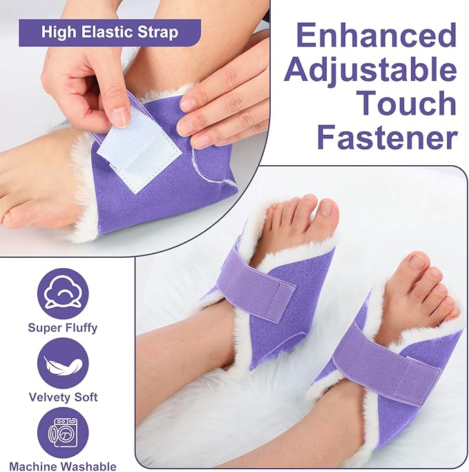 2 Pcs Heel Protectors for Pressure Sores Sheepskin Heel Pads Soft Foot Cushions Pad Protectors Adjustable Foot Pillows with Securing Strap for Bed Sore Ankle Ulcers(Purple)