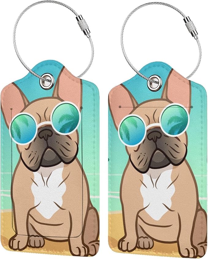 Cute French Bull Dog 2 Pcs Luggage Tags, Privacy Cover Id Label with Stainless Steel Loop and Address Card for Suitcases & Travel Bags