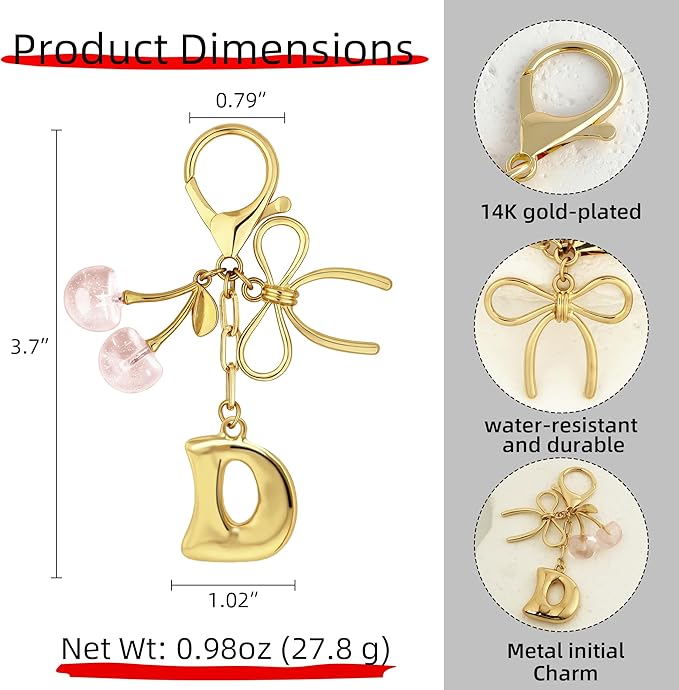Gold Bubble Heart, Cherry, Bow & More Designs Letter Initial Keychain Bag Charms – Cute Purse Charms for Handbags