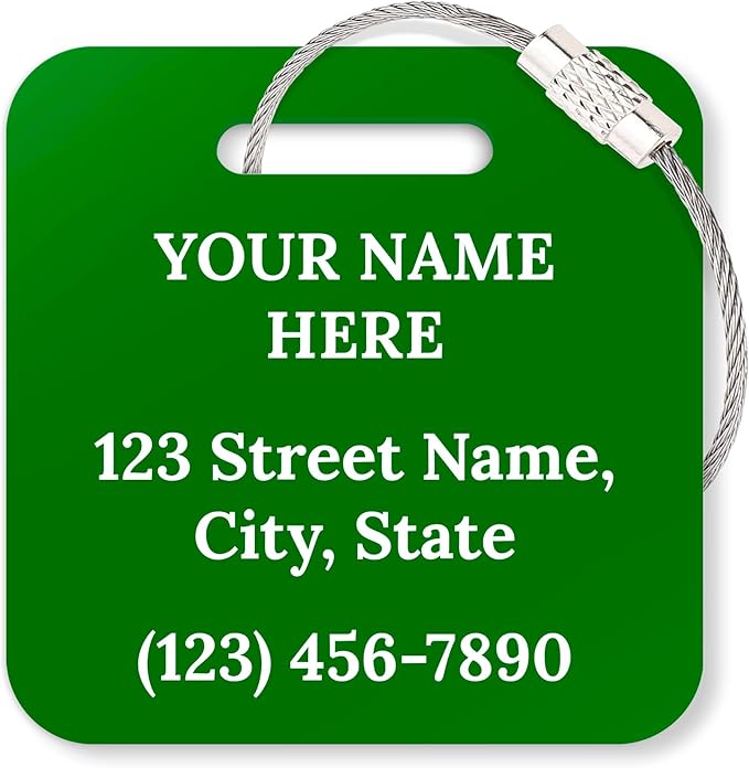 Custom Luggage Tags, Personalized Name Address for Suitcases,Backpack, Handbag, Travel Equipment Tag, 2x2 Inches, Acrylic Heavy Duty Waterproof, Made in The USA by My Sign Center- Green