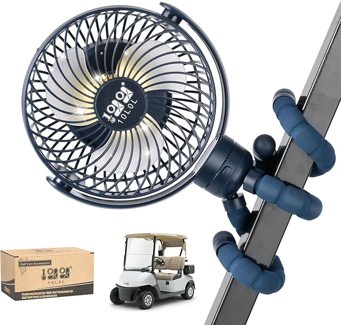 10L0L Golf Cart Fan Rechargeable with Flexible Tripod Mount - 10000mAh Battery Operated Portable Fan 360° Rotatable Head, Fits for Yamaha/EZGO/Club Car Golf Cart with LED Light