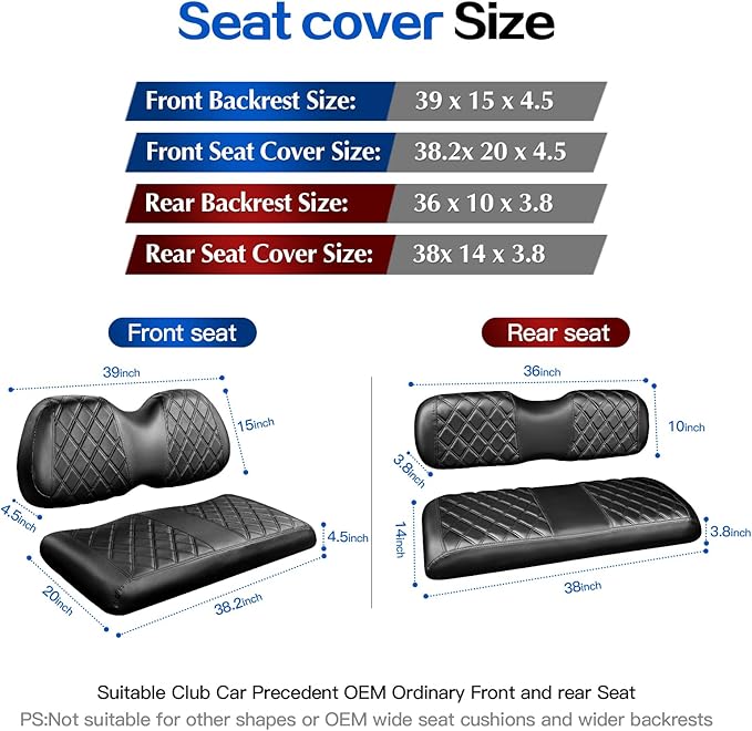 NOKINS 4PCS Golf Cart Diamond Seat Covers Kit,Front and Rear Seat Covers Fits for EZGO/Club Car/Yamaha Original Regular Seat Cushion, No Stapler