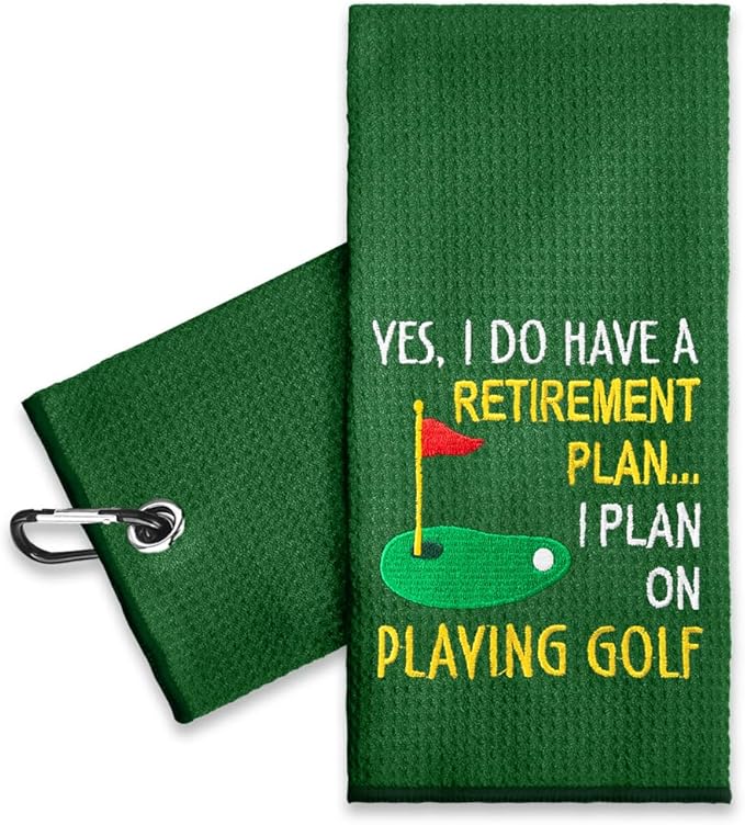 ERHACHAIJIA Yes I'd Have A Retirement Plan Embroidered Golf Towel with Clip. Funny Golf Accessories Gifts for Men Women Golfer Grandma Grandpa Mom Dad, Retirement (Green)