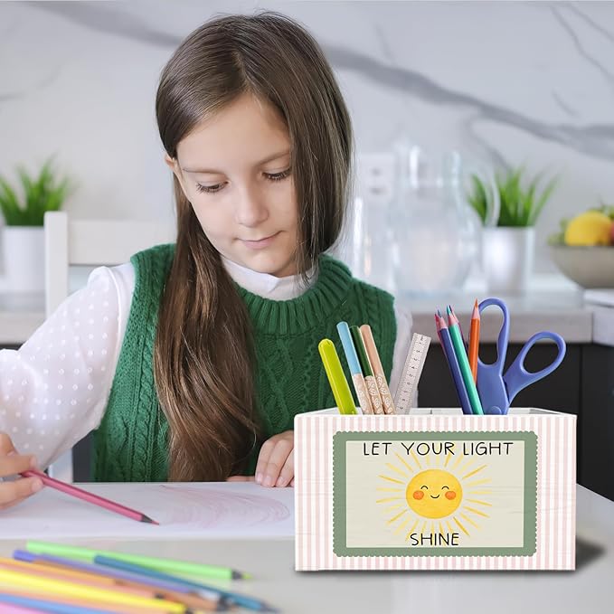 Boho Sun Inspirational Pen Pencil Holder for Desk, Boho Classroom Decor, Let Your Light Shine Cute Sunshine Wooden Box Sign Desk Decor for Kids Room Nursery Playroom Decoration