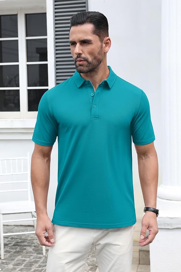 MAGCOMSEN Men's Polo Shirts Short Sleeve Cotton Pique 3 Button Classic Fit Casual T-Shirt Performance Golf Shirts