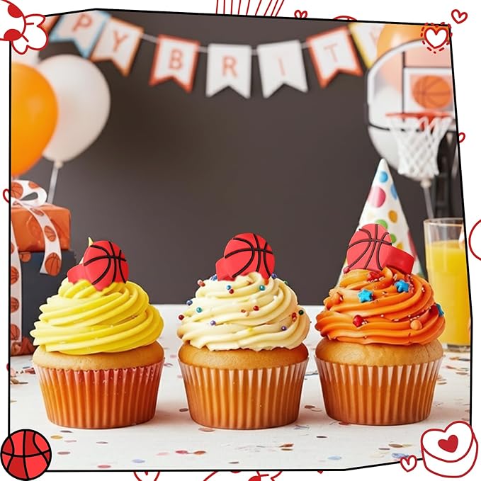 Honeydak 48 Pcs Basketball Cupcake Rings Toppers Decoration Sport Ball Theme Cupcake Picks Baseball Softball Basketball Volleyball Cake Decoration for Sport Baby Shower Birthday Party Cake Supplies