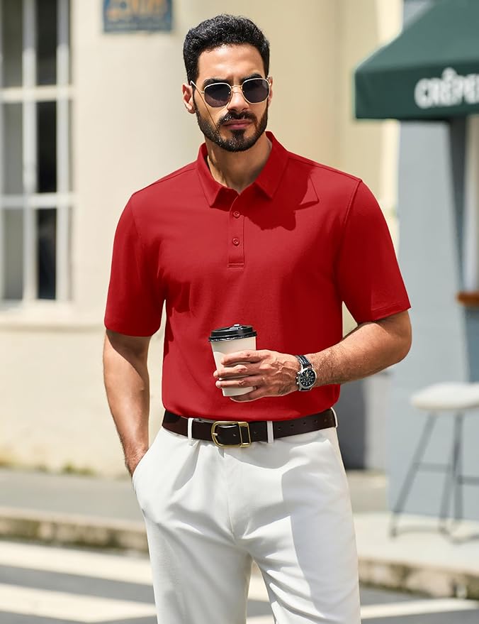 TACVASEN Mens Polo Shirts Short Sleeve Pique 3 Buttons Golf Polo Cooling Performance Moisture Wicking Shirt