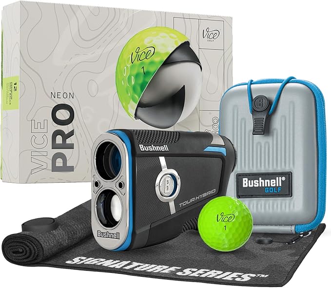 Bushnell Golf Tour Hybrid GPS Laser Rangefinder with Vice Balls | Slope Compensation, Magnetic Mount, Front/Middle/Back Distance, 1300 YD Range, PinSeeker | Signature Series Golf Towel