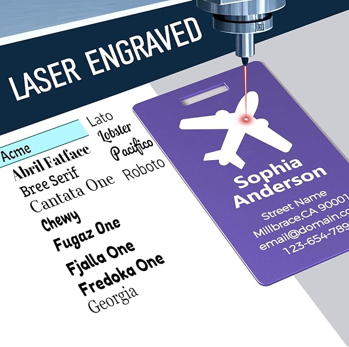 Personalized Metal Luggage Tags, Custom Suitcase Aluminum Name Tags with 5.9in Steel Ring, Laser Engraved Text and Logo, for Travel Gift, Baggage, Golf Bag (Purple)