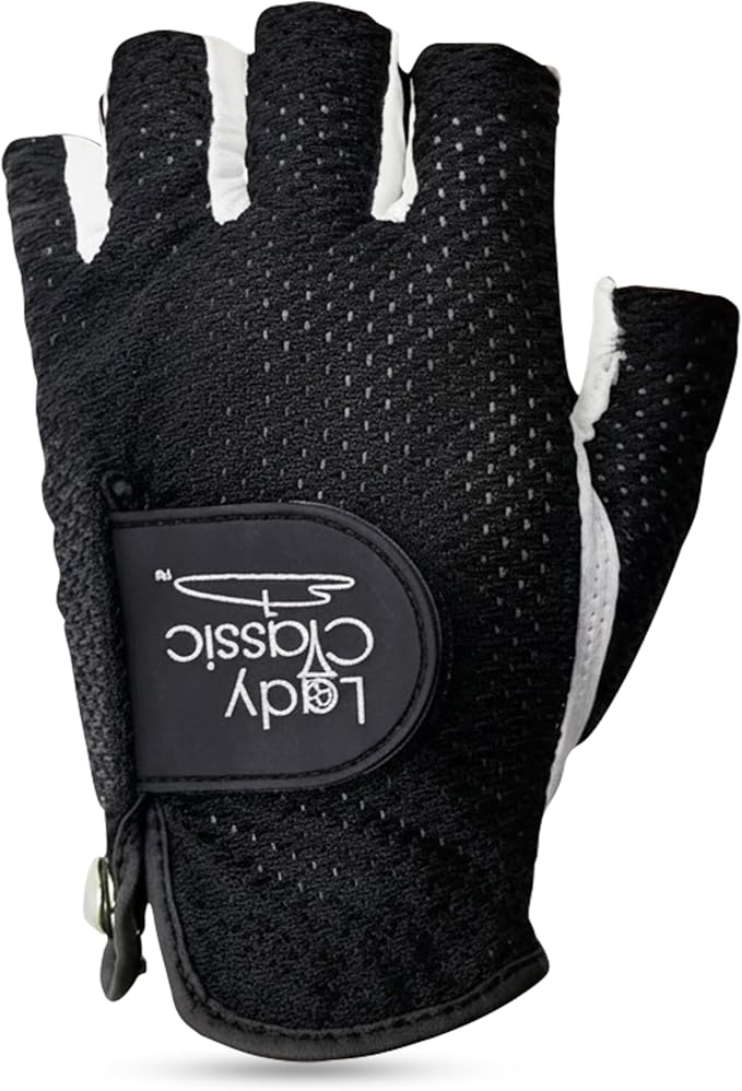 Mesh Half Golf Glove for Women – Premium Cabretta Leather Palm, Breathable Mesh Back, Half-Finger Design Ladies Golf Glove for Enhanced Grip & Comfort