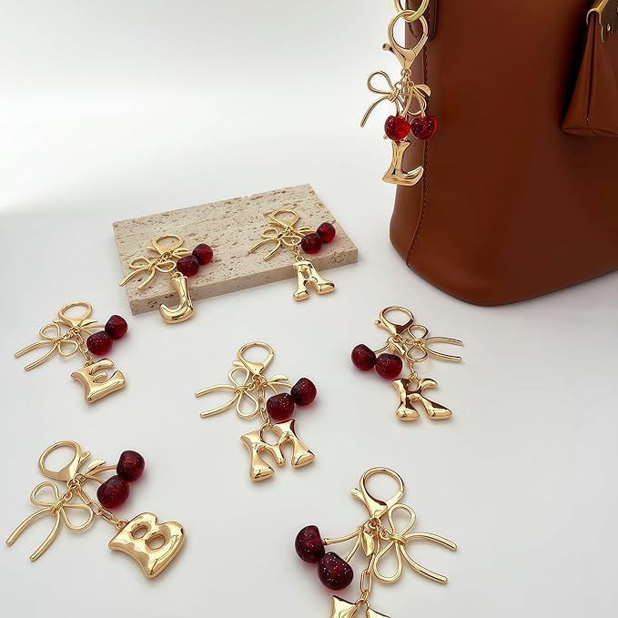 Gold Bubble Heart, Cherry, Bow & More Designs Letter Initial Keychain Bag Charms – Cute Purse Charms for Handbags