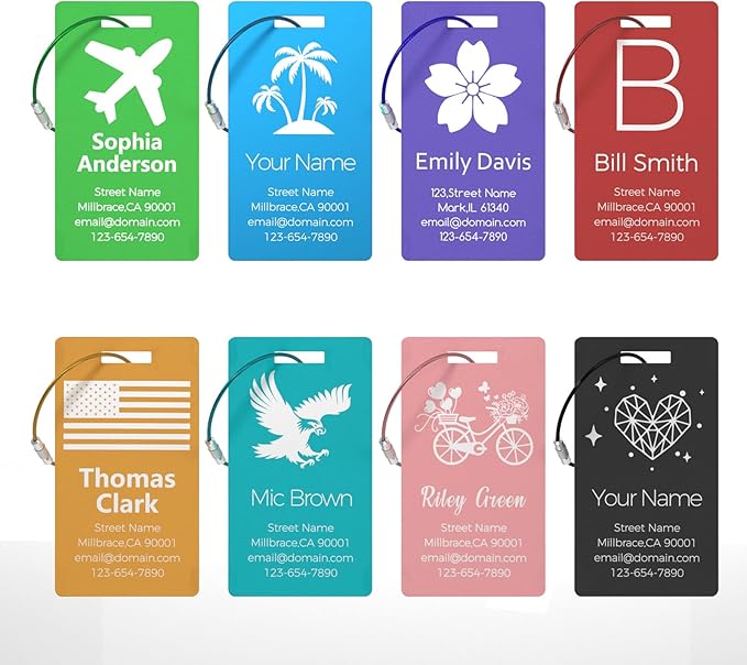 Personalized Metal Luggage Tags, Custom Suitcase Aluminum Name Tags with 5.9in Steel Ring, Laser Engraved Text and Logo, for Travel Gift, Baggage, Golf Bag (Purple)
