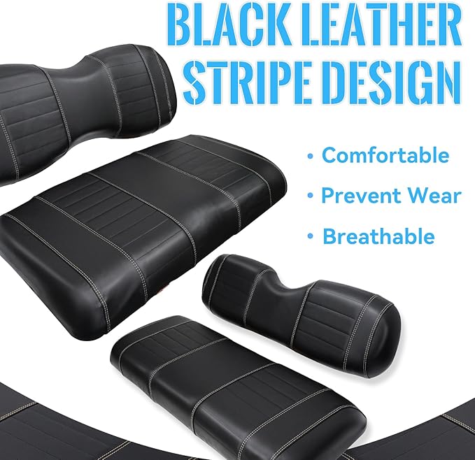 Golf Cart Seat Covers fits Club Car Precedent/DS/EZGO RXV/TXT/Yamaha Front Rear Seat Cushion，Black Leather Custom Stripe Soft Comfortable/Anti-Scratch/Easy to Clean