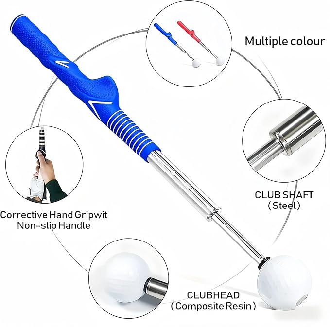 Retractable Golf Swing Training Aid,Right-Handed Golf Swing Trainer, Golf Grip Trainer with Click Feedback, Golf Stick for Practice Correction Indoor Outdoor Hitting (Blue, Right-Handed)