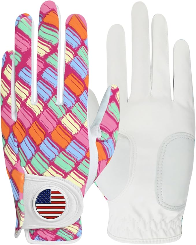 Amy Sport Womens Golf Glove with Ball Marker Rain Left Right Hand Leather Printed Pack, Ladies Golf Gloves All Weather Grip Breathable Soft Size Small Medium Large XL