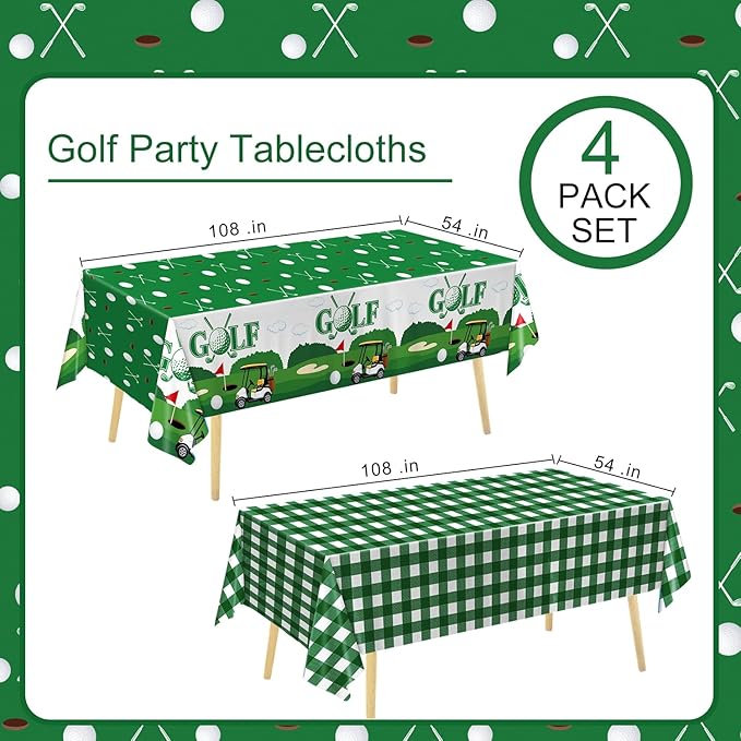 4 Pack Golf Party Tablecloths – Green Gingham Tablecloth and Golf-Themed Plastic Table Covers Disposable Tablecloths for Birthday Outdoor Party Decorations, 54 × 108 Inch