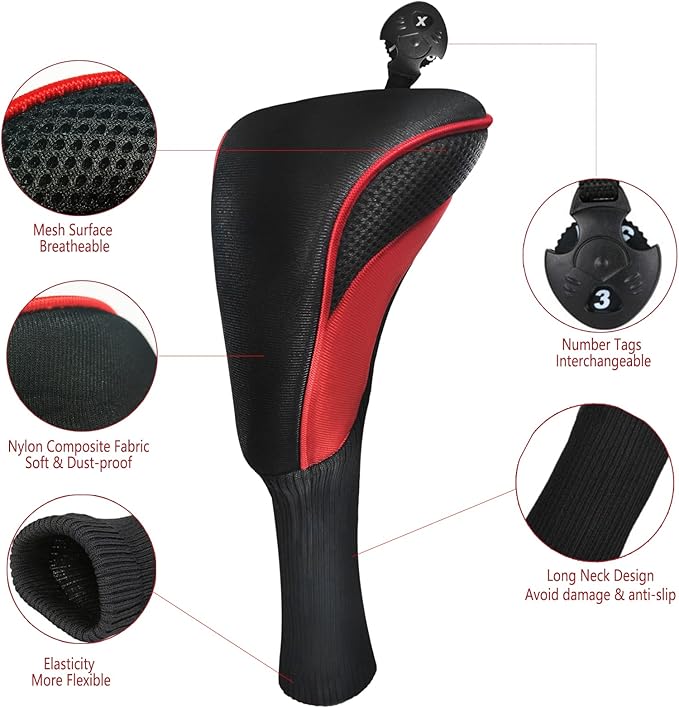 Golf Club Head Covers for Fairway Woods Driver Hybrids 3 Pieces Long Neck Mesh Sports Fan Golf Club Headcovers Set with Interchangeable No. Tags 3 4 5 6 7 X Golf Accessories for Men Women