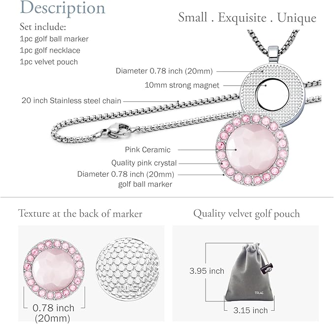 Golf Ball Marker with Ceramic Crystal Ball Marker Necklace (20mm Small Size) Gifts Accessories Women Golfers