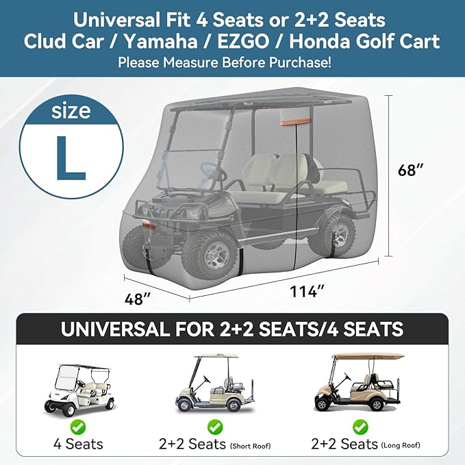Tuszom 100% Waterproof 1200D Solution-Dyed Golf Cart Cover Universal Fit Yamaha,Honda,Club Car,EZGO and Most Brand Golf Cart for 2/2+2/4/4+2/6 Seats with Zipper Door,Storage Bag