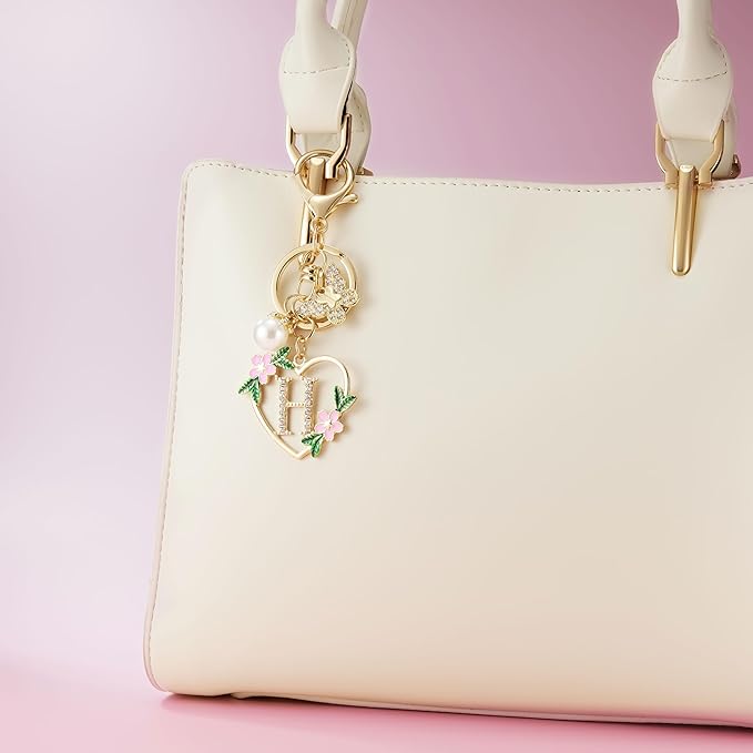 Gold Heart Initial Letter Keychain for Women Key chain Keyring for Purse Handbags Backpack Charm