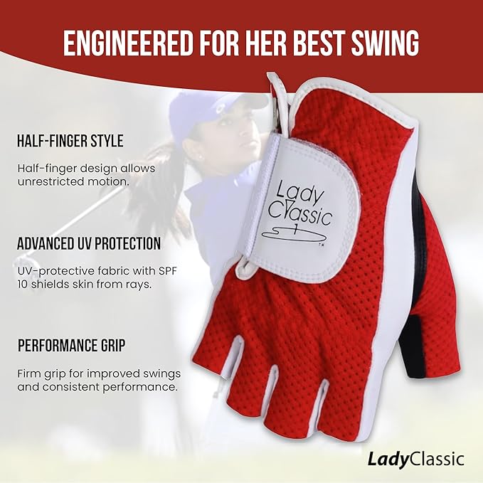 Mesh Half Golf Glove for Women – Premium Cabretta Leather Palm, Breathable Mesh Back, Half-Finger Design Ladies Golf Glove for Enhanced Grip & Comfort
