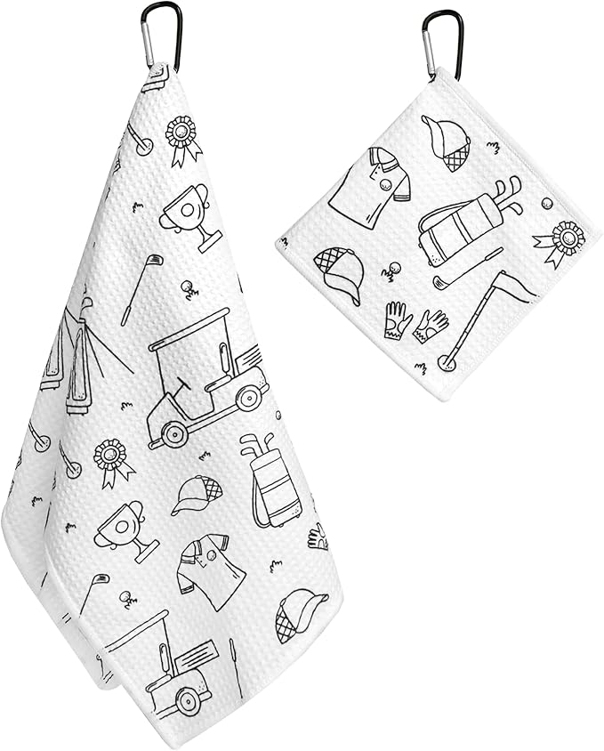 Microfiber Golf Towels for Golf Bags & Carts - Premium Weave Waffle & Ball Towels with Carabiner Clip, Essential Accessories for Men, Women and Kids, Golfer Gifts, Set of 2 (Golf Doodles)