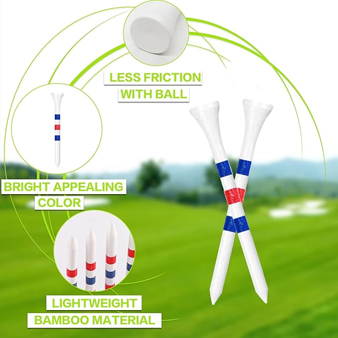FINGER TEN Golf Tees Wood 3 1/4 2 3/4 Inch Value 50/120 Count, Durable Tees with Bright Colored Stripes for Consistent Height, 70mm 83mm Long Tees Ideal for Golfers