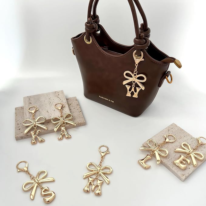Gold Bubble Heart, Cherry, Bow & More Designs Letter Initial Keychain Bag Charms – Cute Purse Charms for Handbags