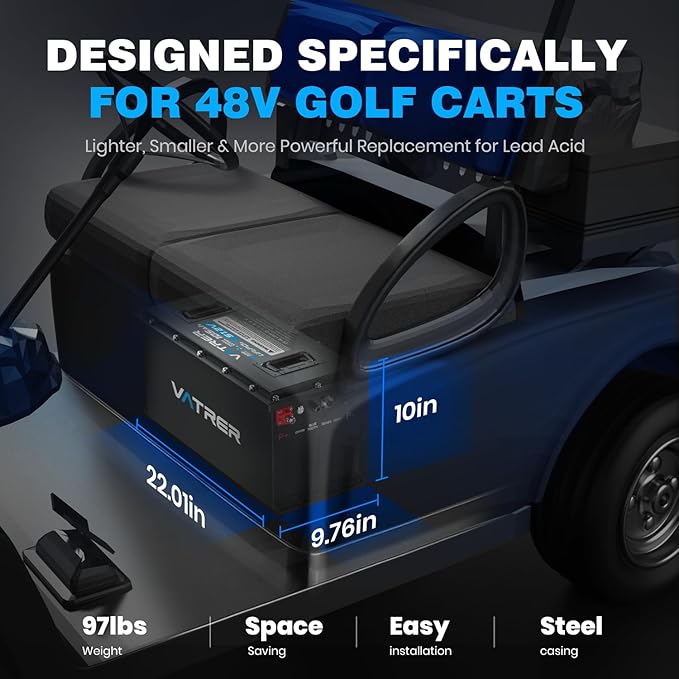 48V 105Ah Narrow Lithium Golf Cart Battery, Built-in Smart 200A BMS, with Touch Monitor & APP, 4000+ Cycles LiFePO4 Battery, Max 10.24kW Power Output, 2C Discharge, Perfect for Golf Carts