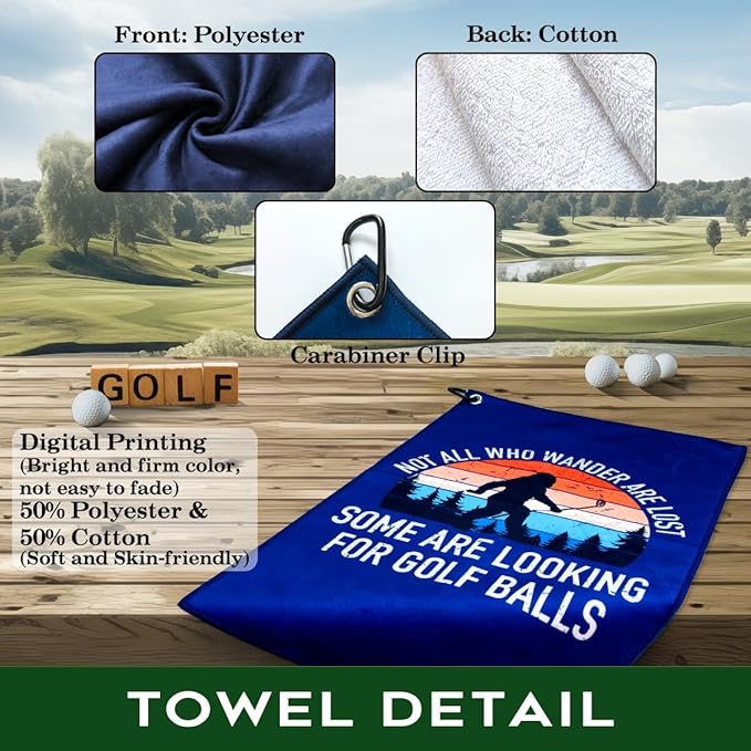 Not All Who Wander are Lost Polyester Printed Golf Towel for GolfBag, Funny Golf Gifts & Accessories for Men Women Golfs Fan Dad Grandpa, GolfLover Retirement Birthday Gifts (Navy Blue)