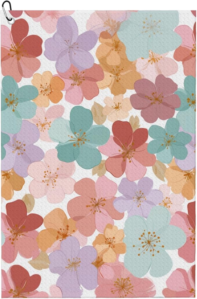 Cute Floral Golf Towel with Carabiner Clip 24"x16" Microfiber Waffle Pink Flower Ladies Golf Towels for Golf Bags Funny Golf Rag for Disc Balls Clubs Golfs Accessories for Women Men Girls