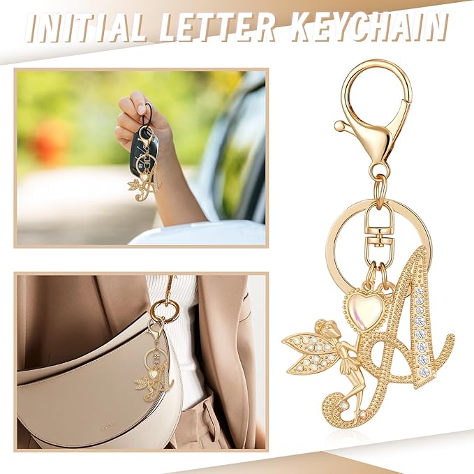 Gold Plated Alphabet Initial Letter Keyring Keychain for Women Girls Crystal Key Chains for Wallet Backpack Bag Charm