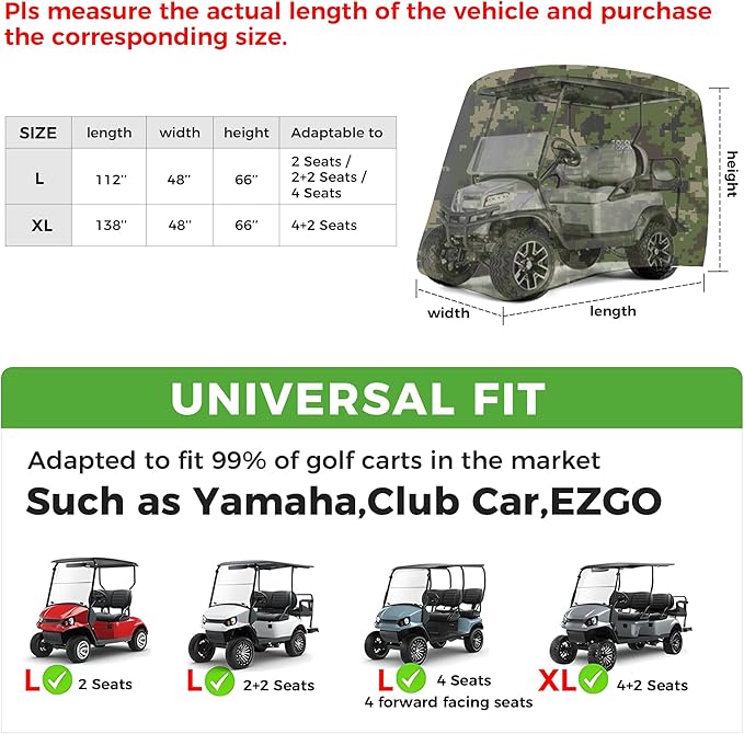 10L0L Golf Cart Cover 2/4/4+2 Passenger for Yamaha EZGO Club Car, Heavy Duty 420D Waterproof Windproof Durable Polyester Golf Cart Cover with 3 Zipper Doors for All-Weather Protection (Black/Silver)