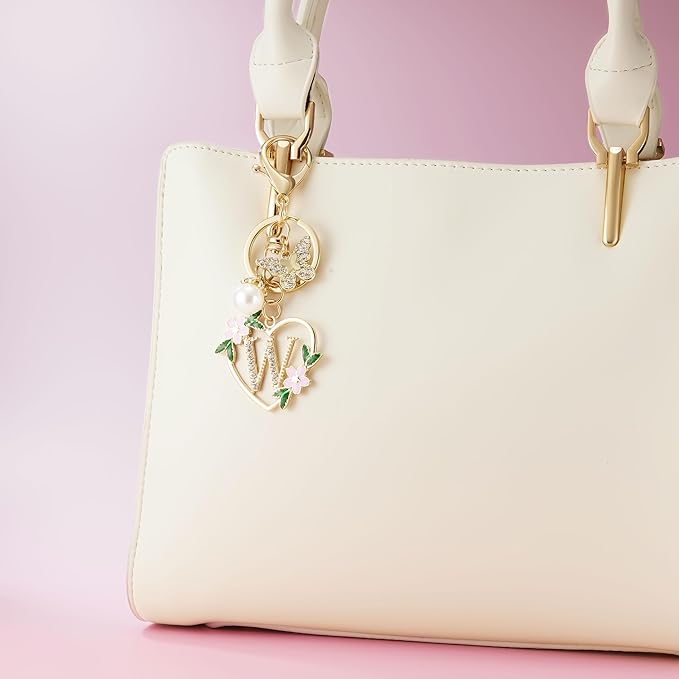 Gold Heart Initial Letter Keychain for Women Key chain Keyring for Purse Handbags Backpack Charm