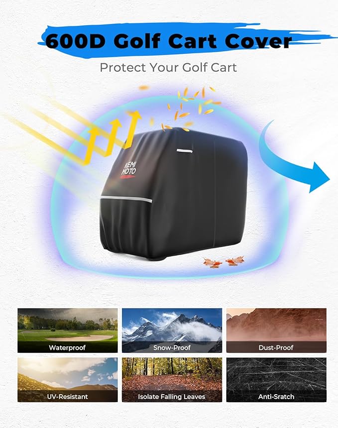 KEMIMOTO Golf Cart Cover, 600D Weatherproof Durable Protection 2-Seater Large Rainproof Cover with Storage Bag Compatible with EZGO Club Car 2 Passenger, Black