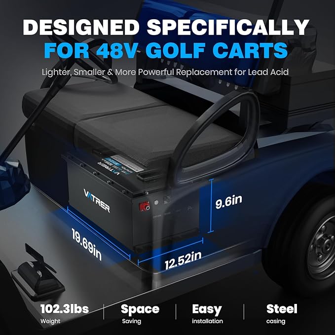 48V 105Ah Lithium Golf Cart Battery, Built-in Smart 200A BMS, with Touch Monitor & Mobile APP, 4000+ Cycles Rechargeable LiFePO4 Battery, Max 10.24kW Power Output, Perfect for Golf Carts
