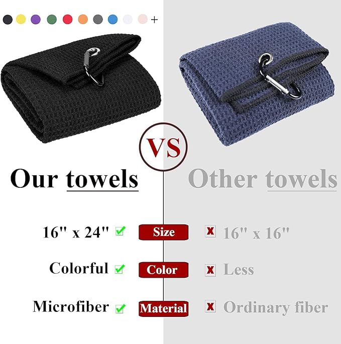 VIVIDLY 2 Pack 16" x 24" Tri-fold Golf Towels, Premium Microfiber Fabric Waffle Pattern with Black Heavy Duty Carabiner Clip, Golf Towels for Golf Bags for Men (Black)