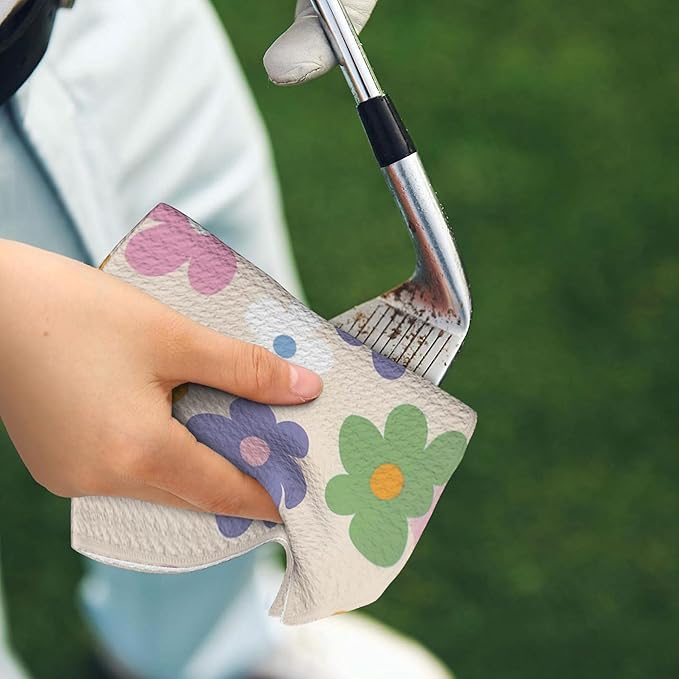 Cute Floral Golf Towel with Carabiner Clip 24"x16" Microfiber Waffle Flower Ladies Golf Towels for Golf Bags Funny Golf Rag for Disc Balls Clubs Accessories for Women Men Girls