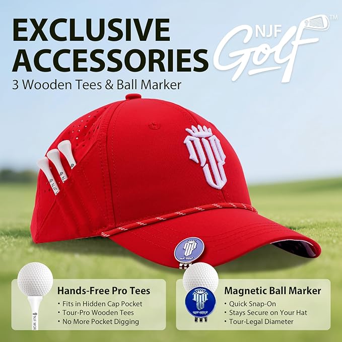 NJF Golf™ Hat Men - Breathable Mens Golf Hats, Adjustable Rope Snapback Cap, Convenient Cap with Tee Holder