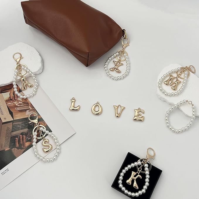 Gold Bubble Heart, Cherry, Bow & More Designs Letter Initial Keychain Bag Charms – Cute Purse Charms for Handbags